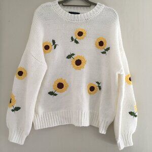Forever 21 White Cotton Sunflower Print Sweater Women's Size S